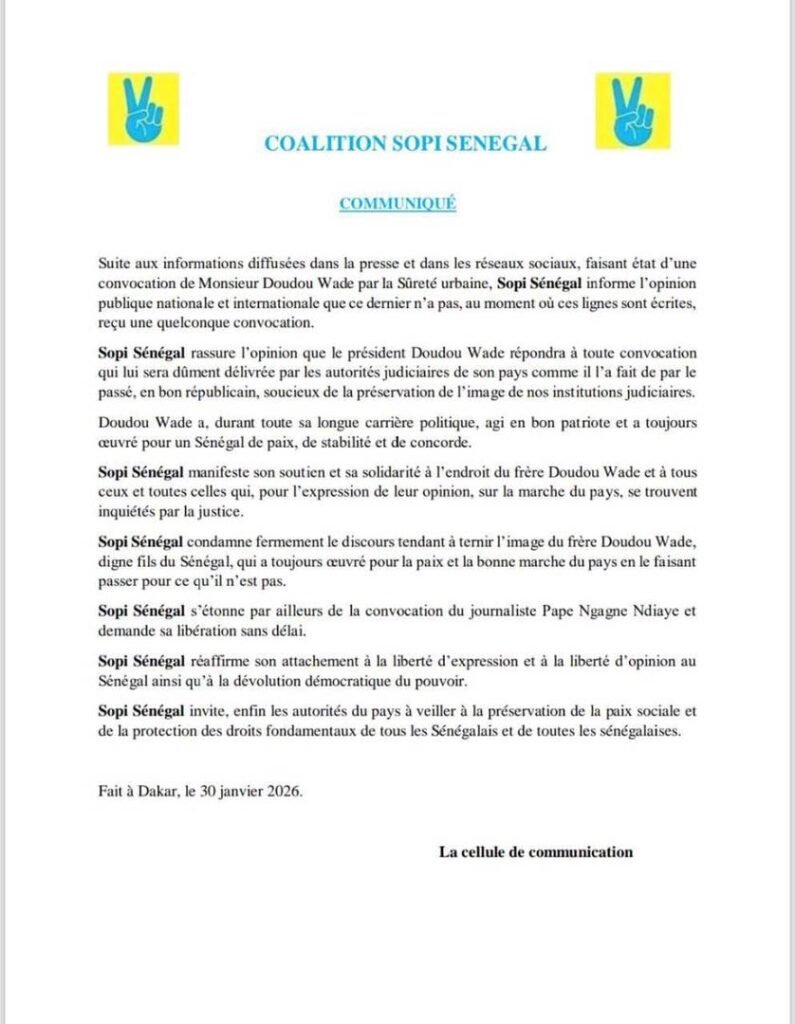 Lire la suite à propos de l’article SOPI Sénégal dément la convocation de Doudou Wade : aucune convocation n&rsquo;a été reçue