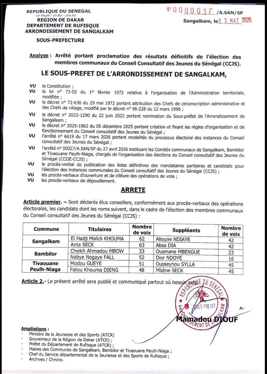 Conseil consultatif des jeunes : le sous-préfet de Sangalkam entérine les résultats définitifs des élections communales