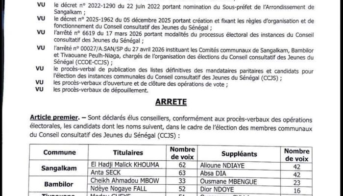 Conseil consultatif des jeunes : le sous-préfet de Sangalkam entérine les résultats définitifs des élections communales